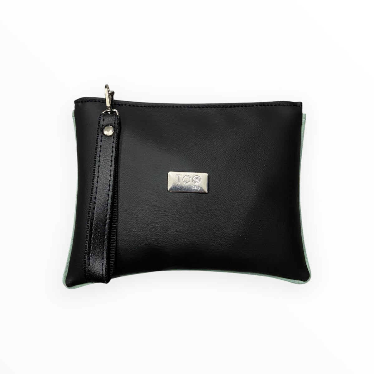 Pochette unisex nera TOOitaly in pelle  artificiale con etichetta metallica frontale