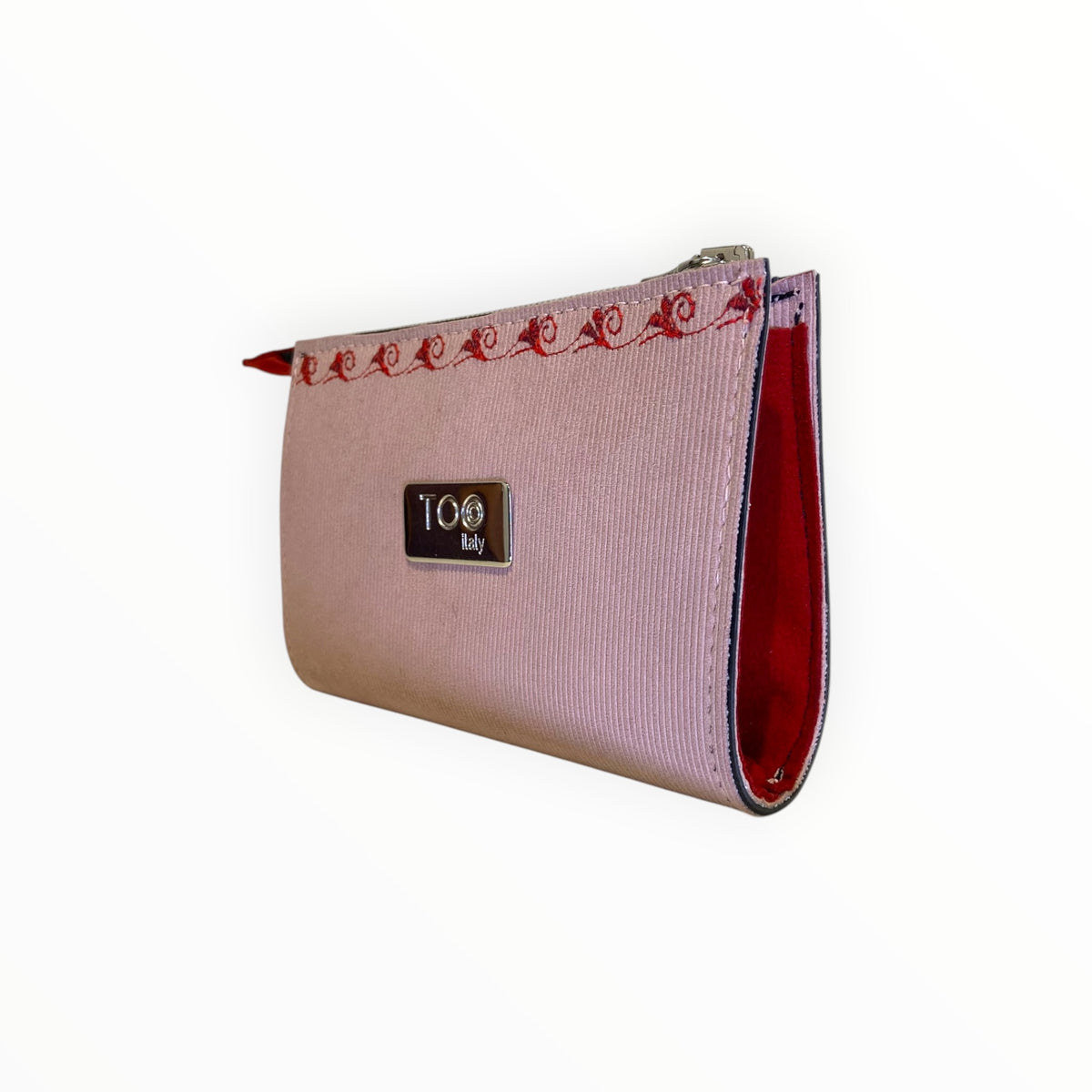 Mini pochette Alcantara rosa e rossa con logo metallico TOOitaly
