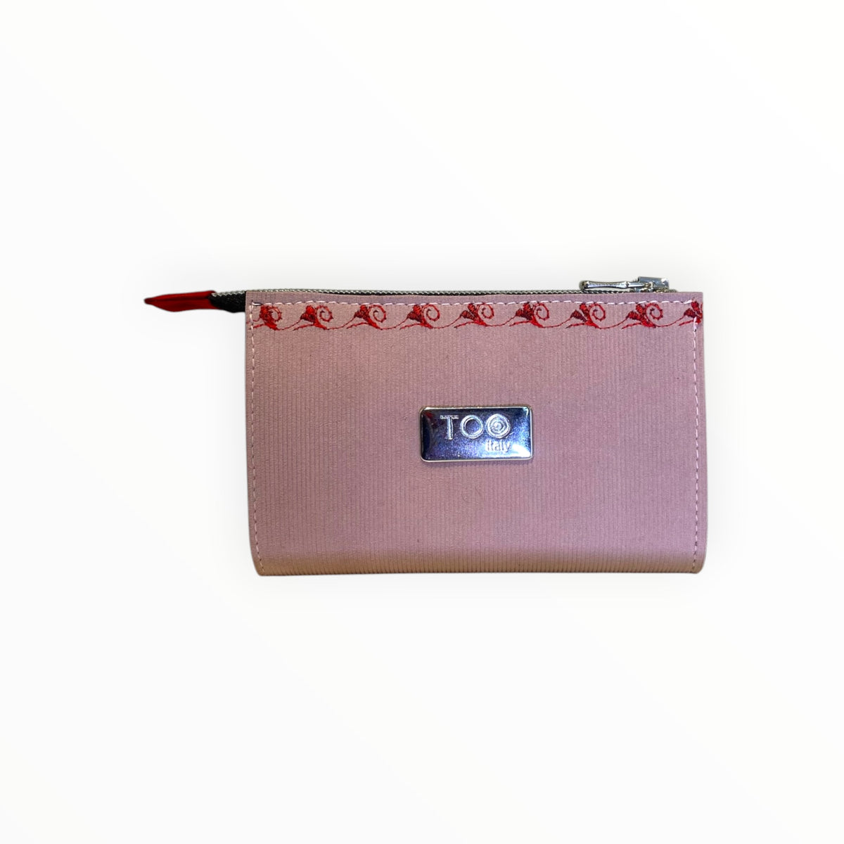 Pochette donna rosa in Alcantara con dettagli rossi