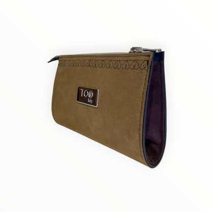 Mini pochette Alcantara sabbia con etichetta metallica TOOitaly

