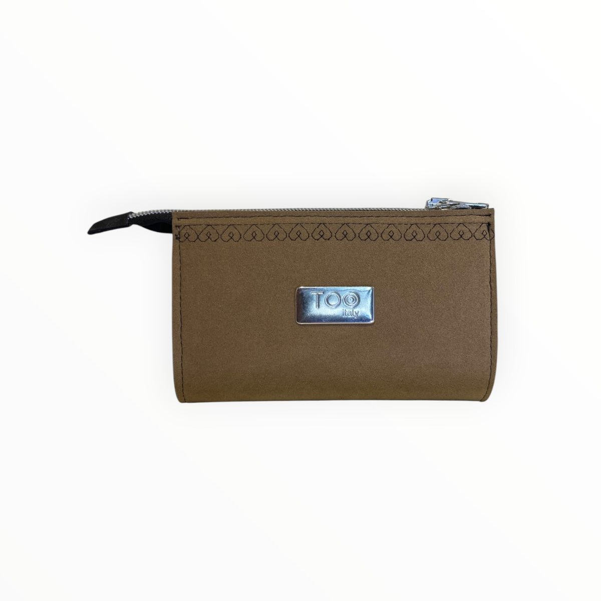 Pochette donna color sabbia in Alcantara ricamata con cuori
