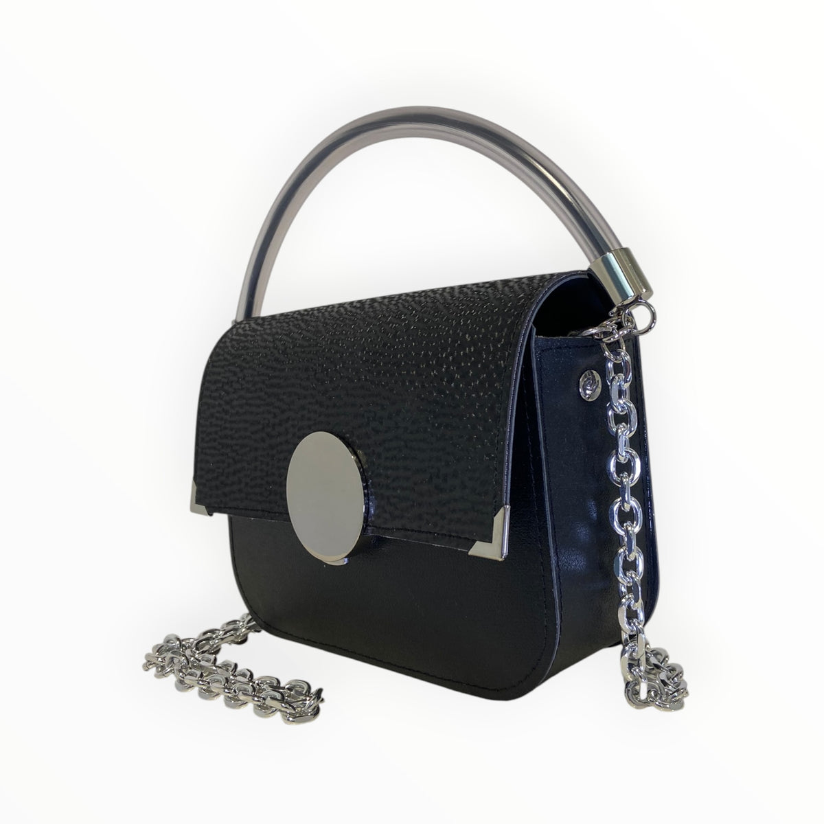 Borsa Chicca Maxi Tooitaly nera effetto diamantato con manico rigido e catena argento
