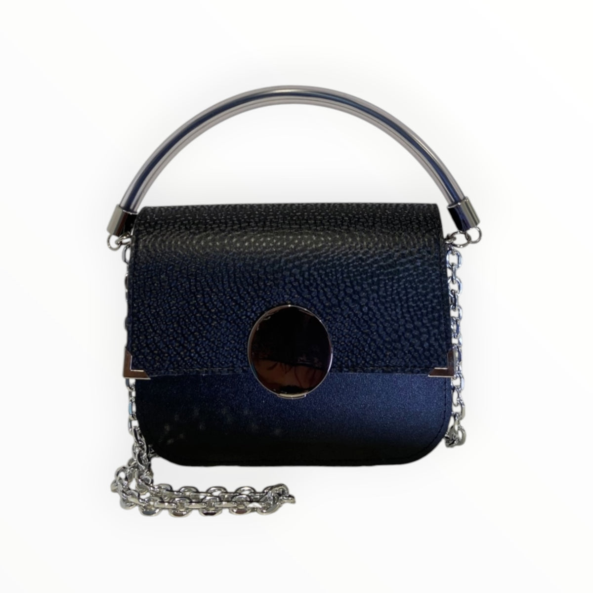 Chicca Maxi borsa a mano nera satinata con patta effetto diamantato e chiusura metallica
