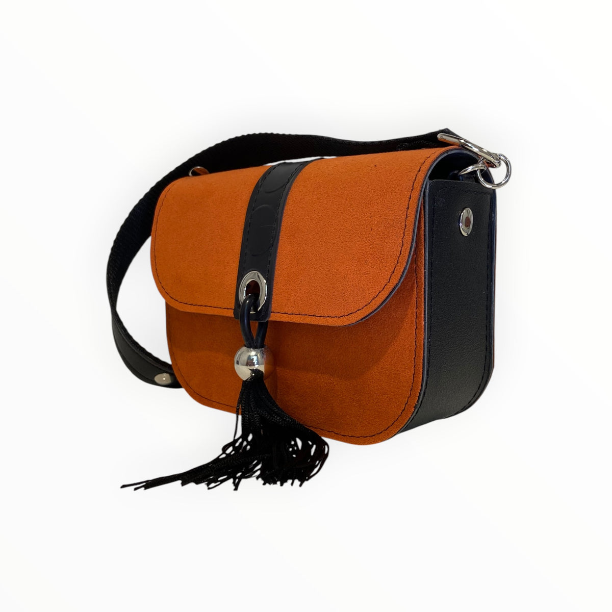 Chicca Mini Mattone TOOitaly borsa a tracolla in Alcantara mattone e PVC nero con decorazione pendente

