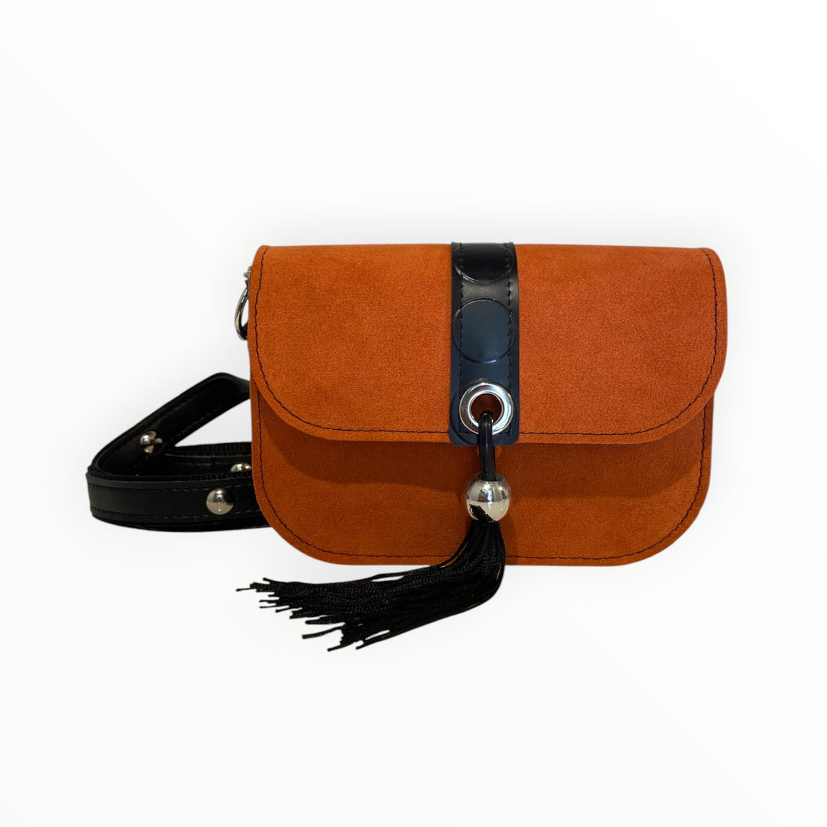  Chicca Mini Mattone in Alcantara color mattone con fascia in PVC, occhiello e decorazione pendente