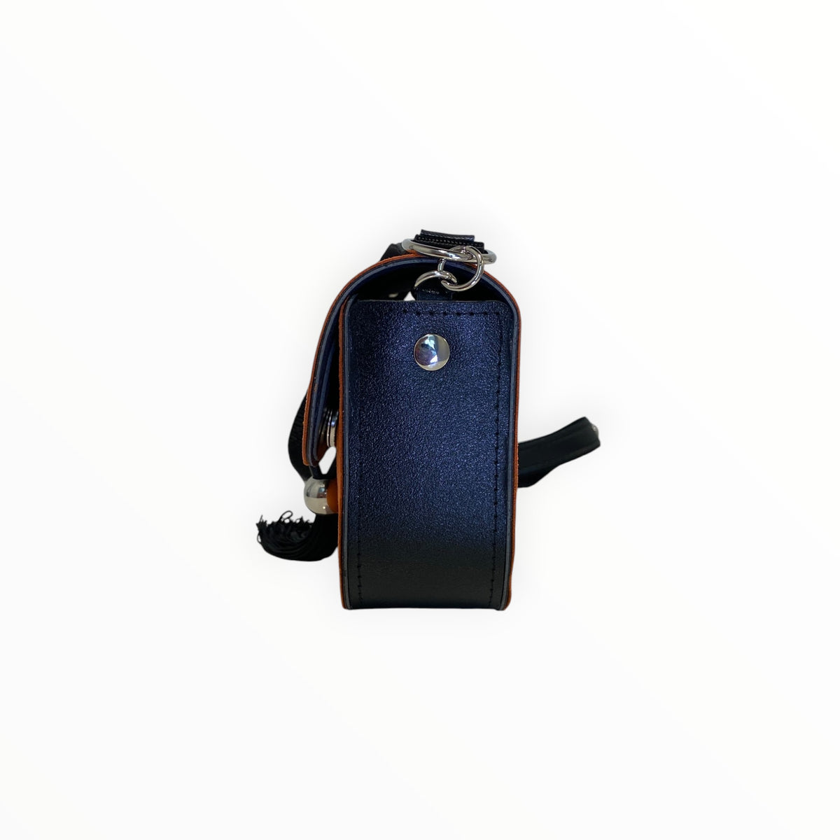 Vista laterale della borsa Chicca Mini TOOitaly in Alcantara mattone e PVC nero