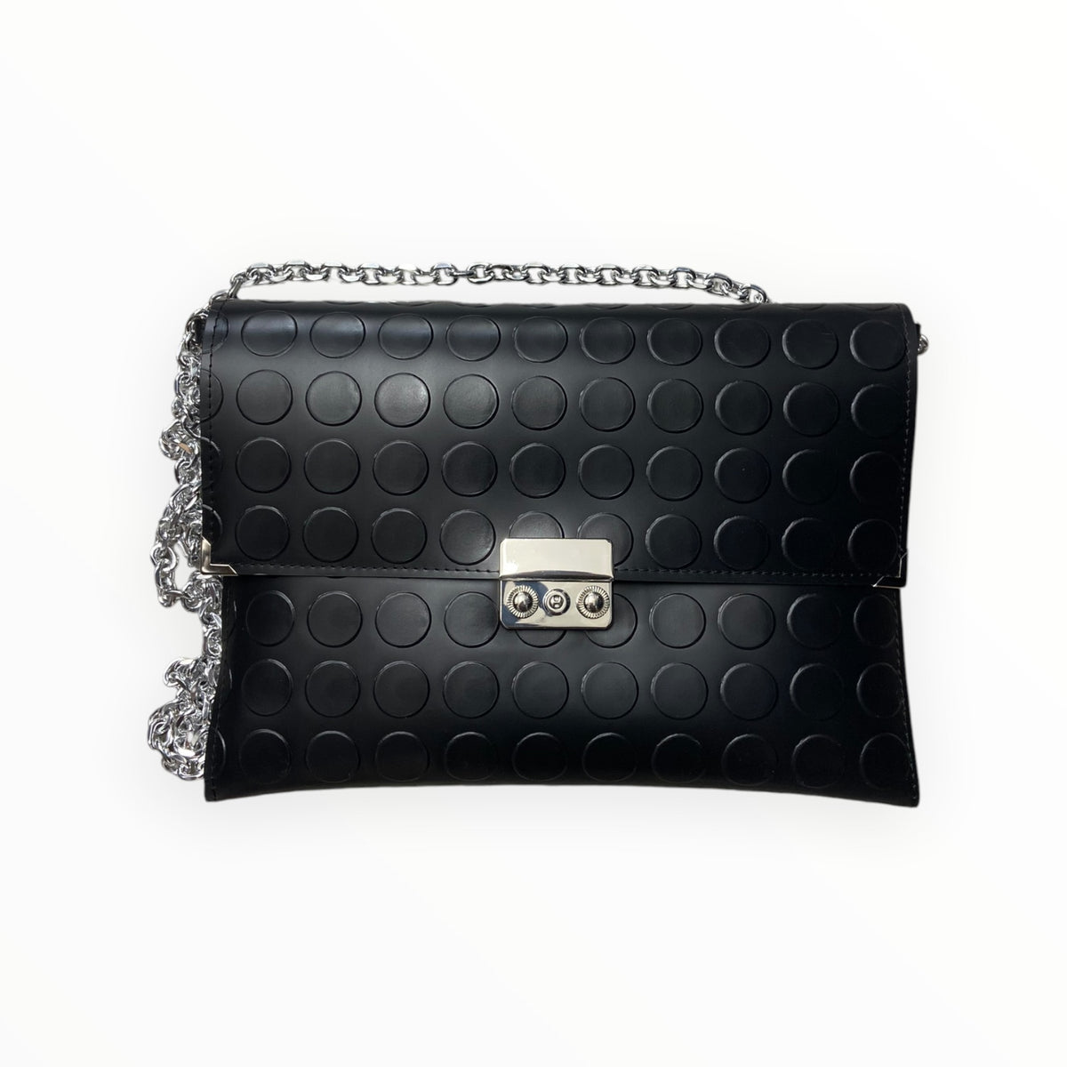Clutch nera in PVC bullonato con chiusura a tuc