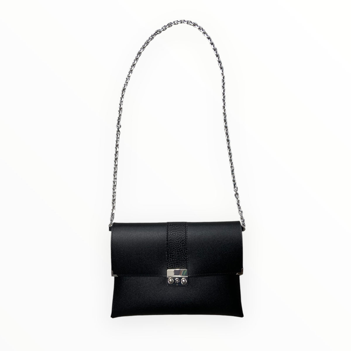 Clutch nera satinata TOOitaly con tracolla in catena