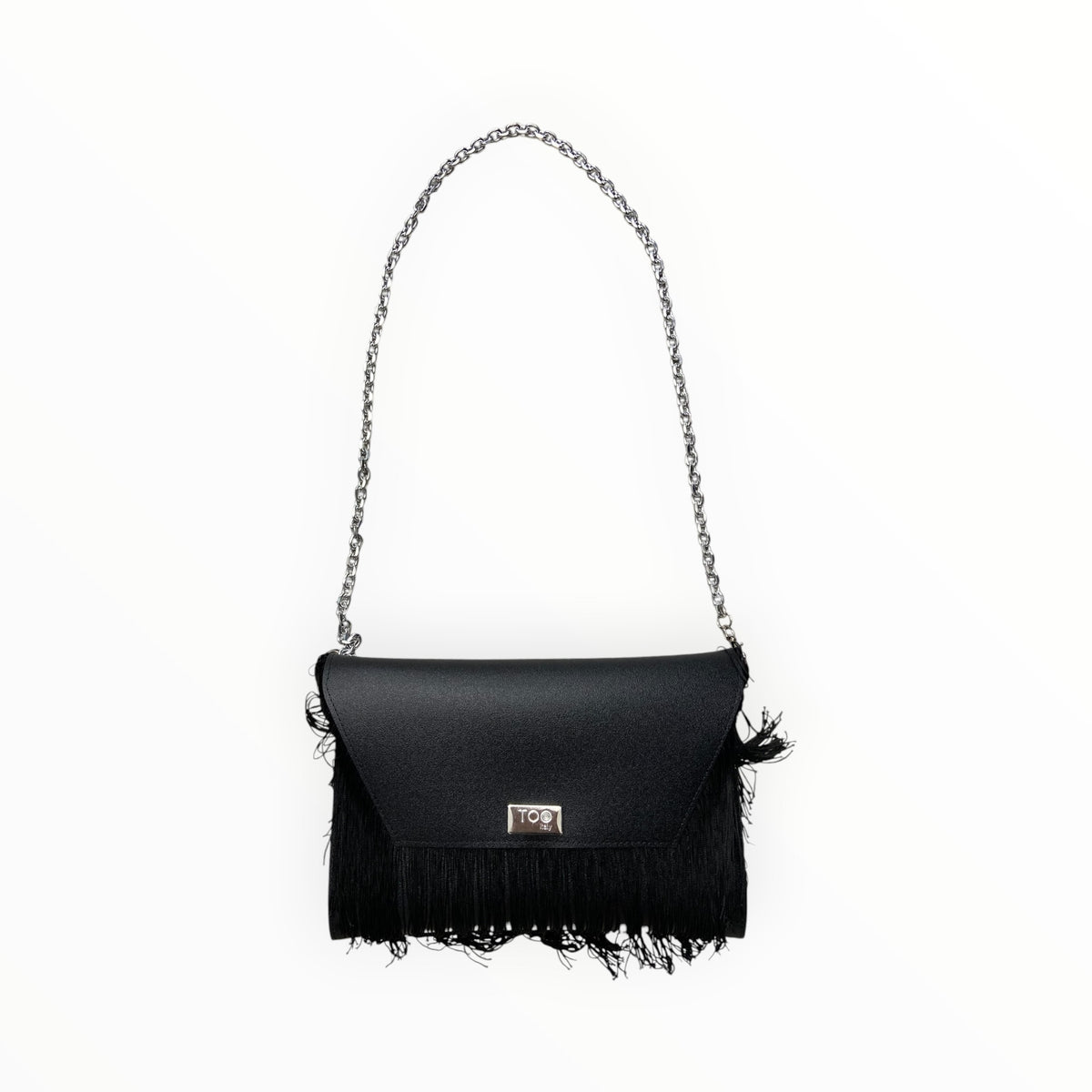 Borsa clutch nera con frange e tracolla in catena TOOitaly