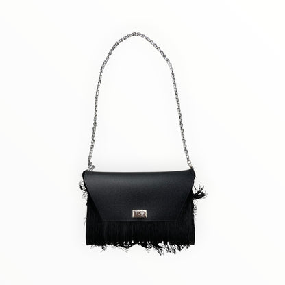 Borsa clutch nera con frange e tracolla in catena TOOitaly