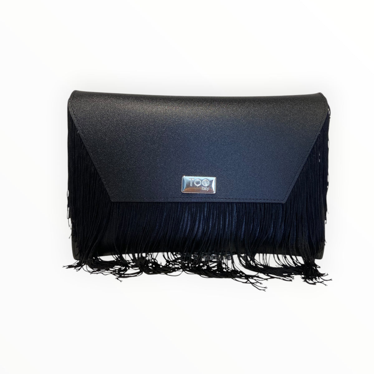 Clutch Frange TOOitaly nera in PVC satinato con frange