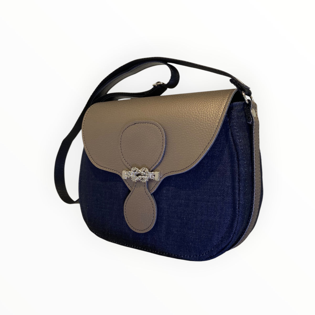 Borsa tracolla donna in denim blu con pattina in pelle artificiale bronzo