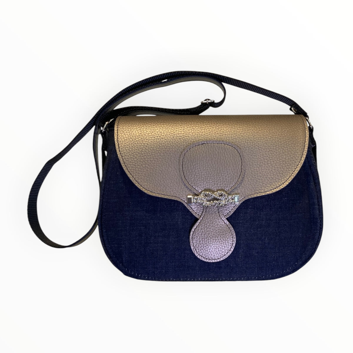 Borsa a tracolla donna in jeans con pattina bronzo e dettaglio metallico a nodo TOOitaly