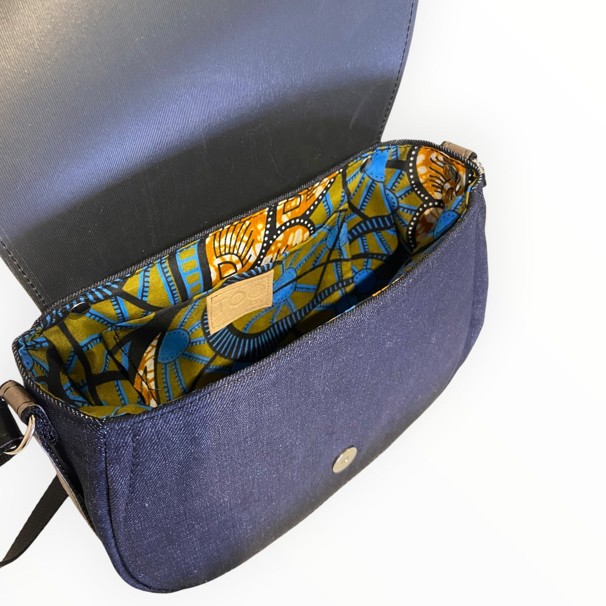 Interno borsa a tracolla in jeans con fodera in cotone africano TOOitaly