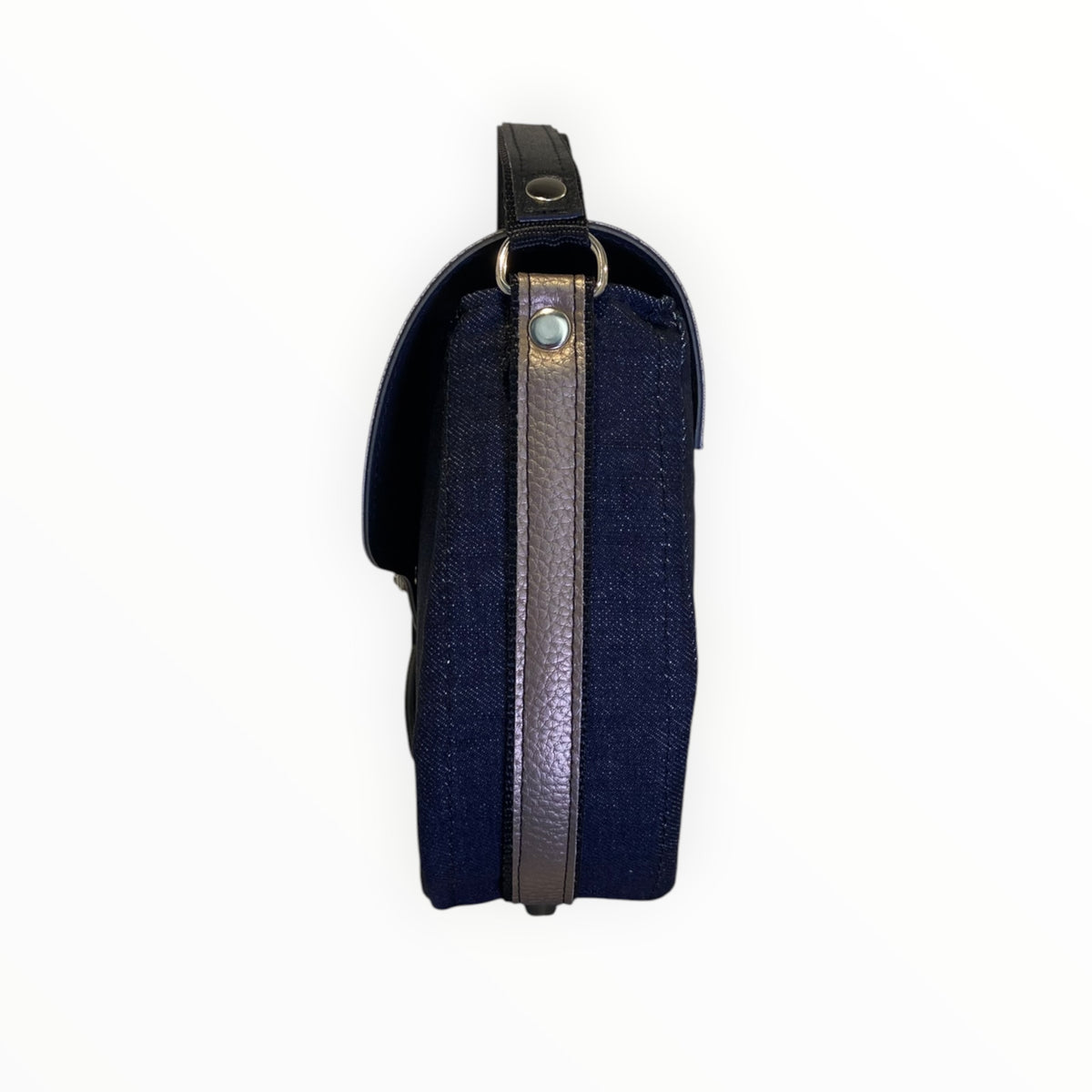 Profilo borsa a tracolla donna in jeans con dettaglio bronzo