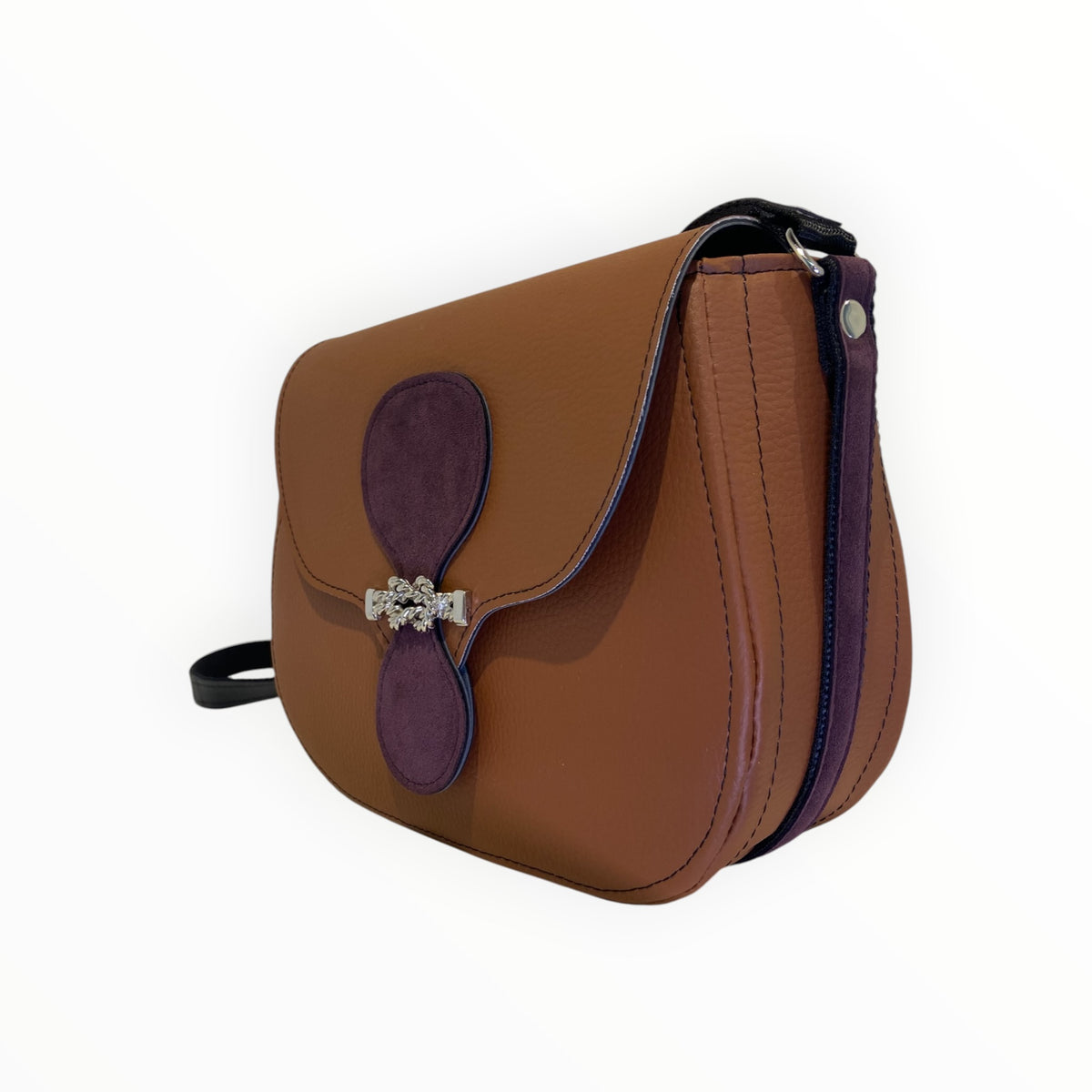 Borsa Everyday donna color cuoio con decoro frontale in Alcantara bordeaux