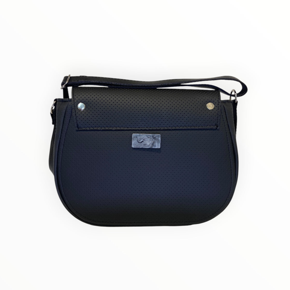 Borsa Everyday nera puntinata vista posteriore con etichetta in resina