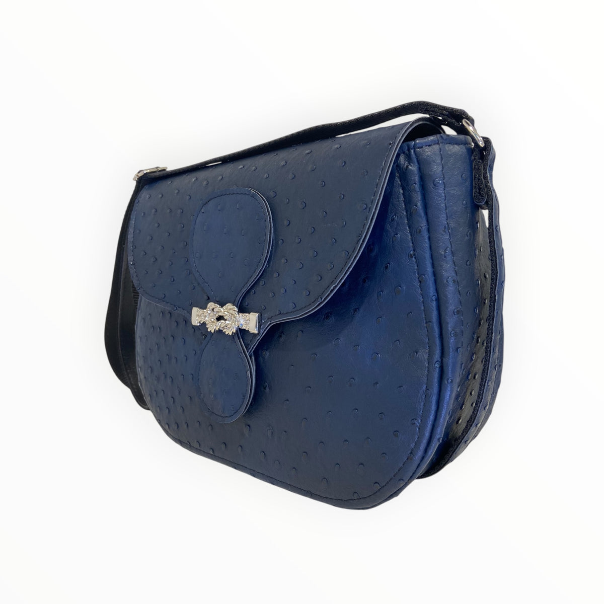 Borsa Everyday blu effetto struzzo con decoro frontale e dettaglio metallico