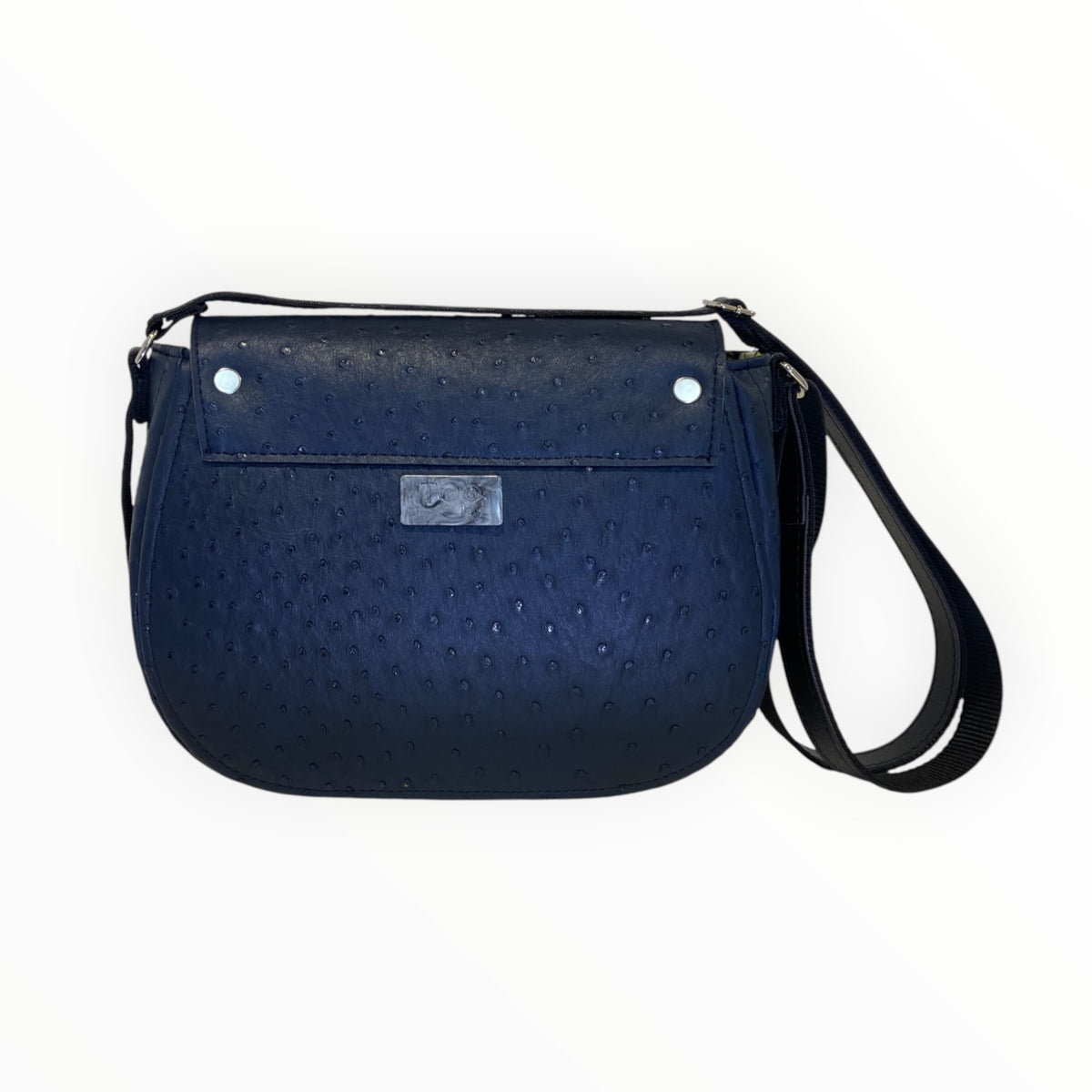 Borsa Everyday blu effetto struzzo vista posteriore con etichetta in resina