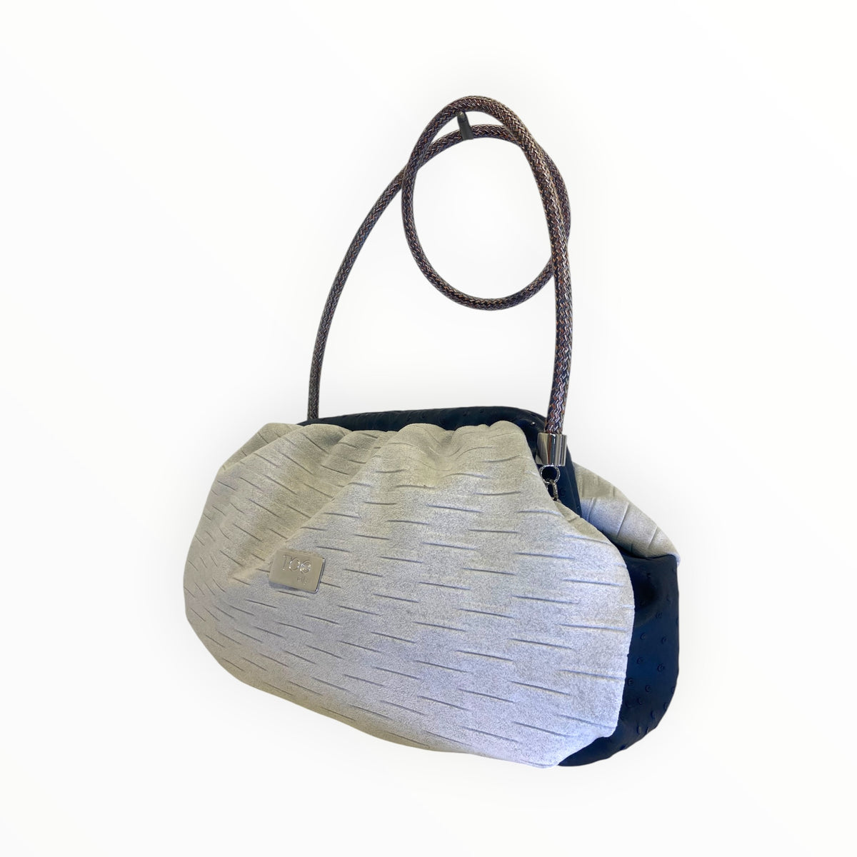 
Borsa Fluffy ghiaccio TOOitaly in morbida Alcantara con laterali in pelle blu effetto struzzo

