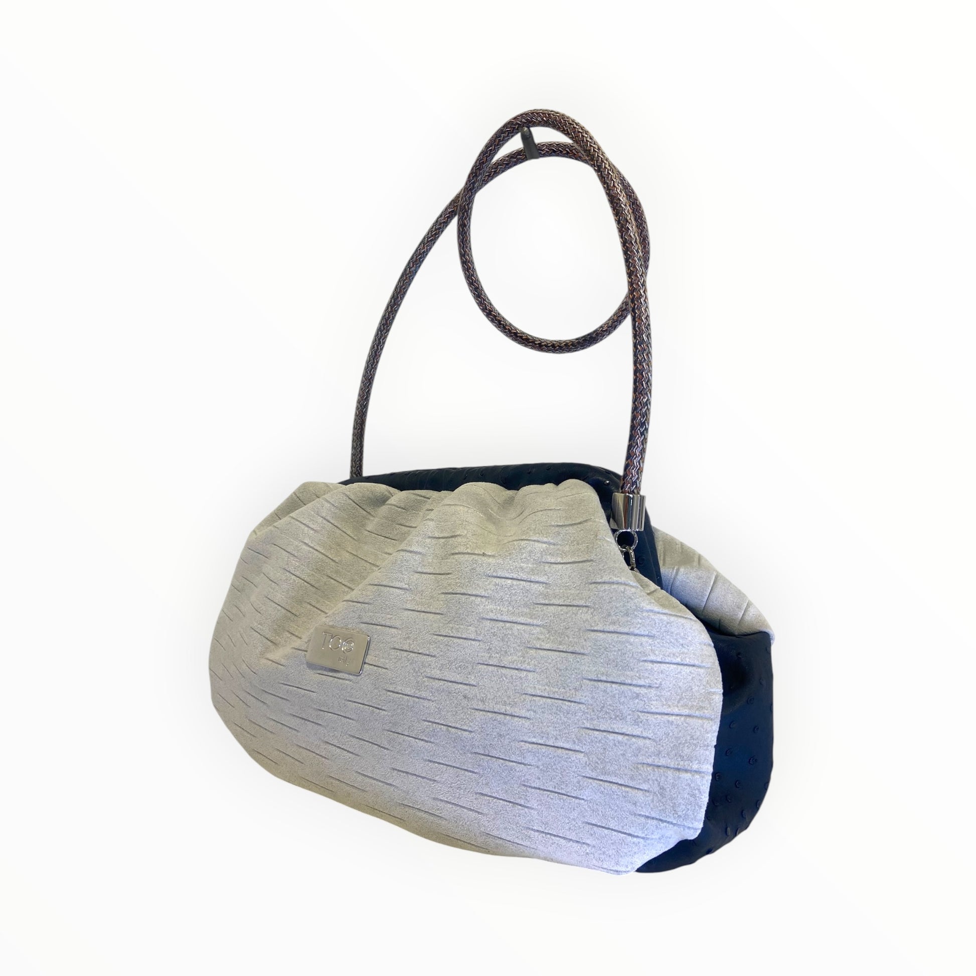 
Borsa Fluffy ghiaccio TOOitaly in morbida Alcantara con laterali in pelle blu effetto struzzo

