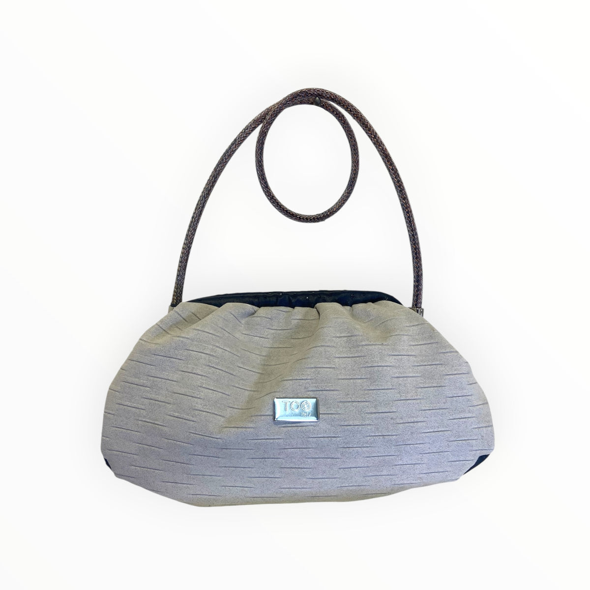 Borsa Fluffy TOOitaly in Alcantara ghiaccio con interno in cotone originale africano e dettagli blu effetto struzzo

