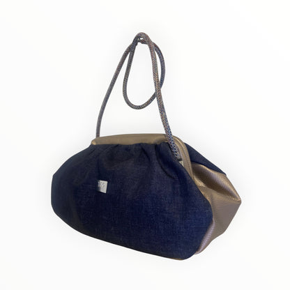 Fluffy TOOitaly borsa donna in tessuto jeans blu e pelle artificiale bronzo con dettaglio frontale

