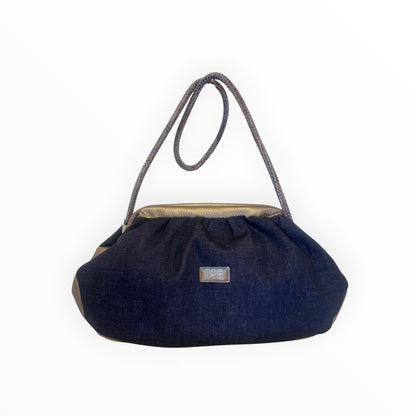 Fluffy Jeans Bronzo TOOitaly borsa morbida donna in tessuto jeans blu con etichetta metallica
