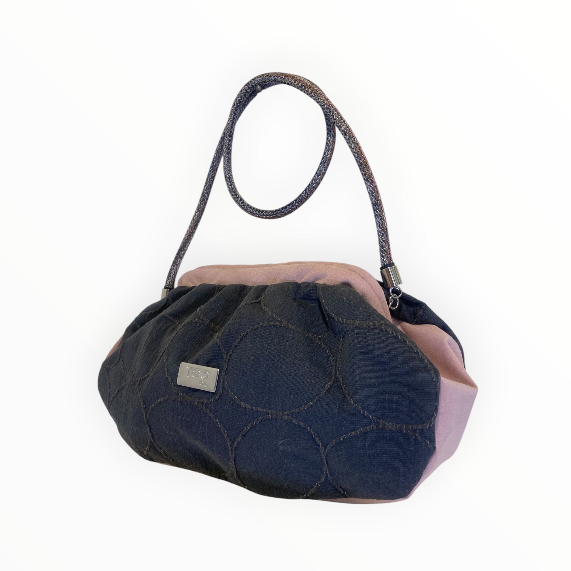 Borsa Fluffy TOOitaly in tessuto grigio con cerchi a rilievo e Alcantara rosa

