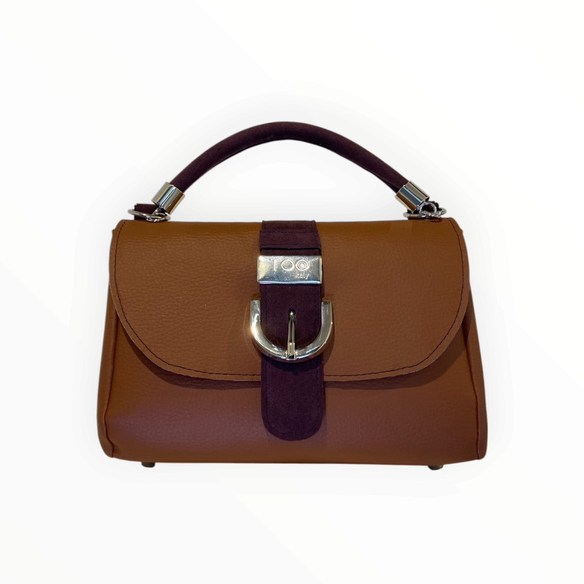 Miura Mini borsa cuoio vista frontale con manico in Alcantara bordeaux