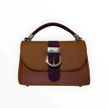 Miura Mini borsa cuoio vista frontale con manico in Alcantara bordeaux