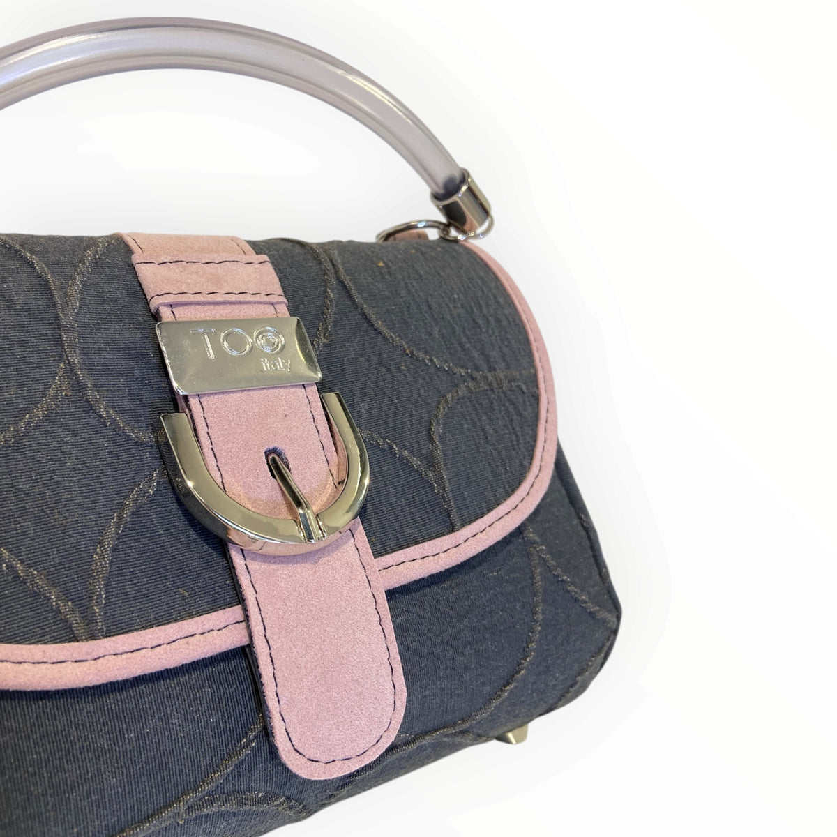Dettaglio fibbia frontale Miura Mini in tessuto grigio canna di fucile