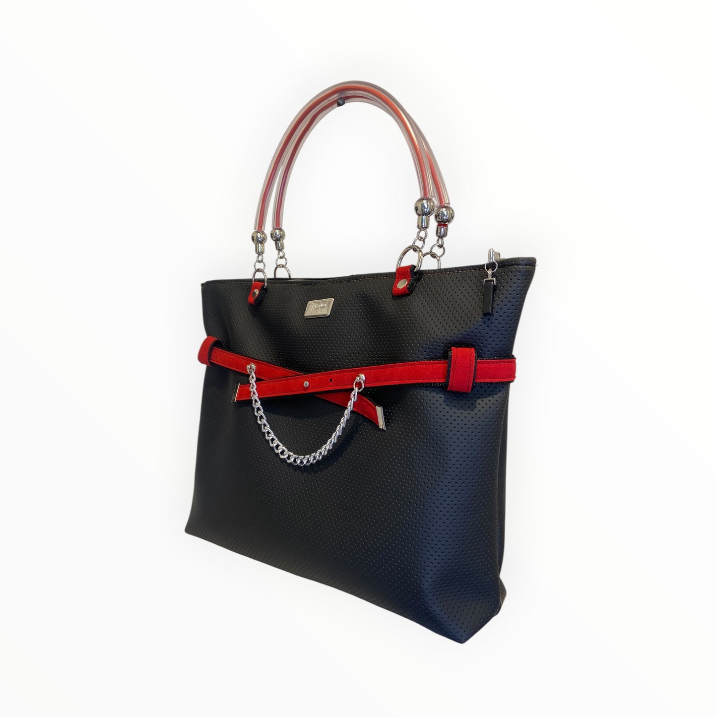 Shopper donna Tooitaly in pelle artificiale nera puntinata con dettagli rossi
