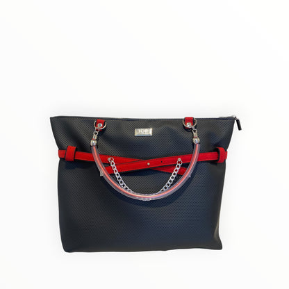 Borsa shopper donna Tooitaly vista frontale con dettagli in Alcantara rossa

