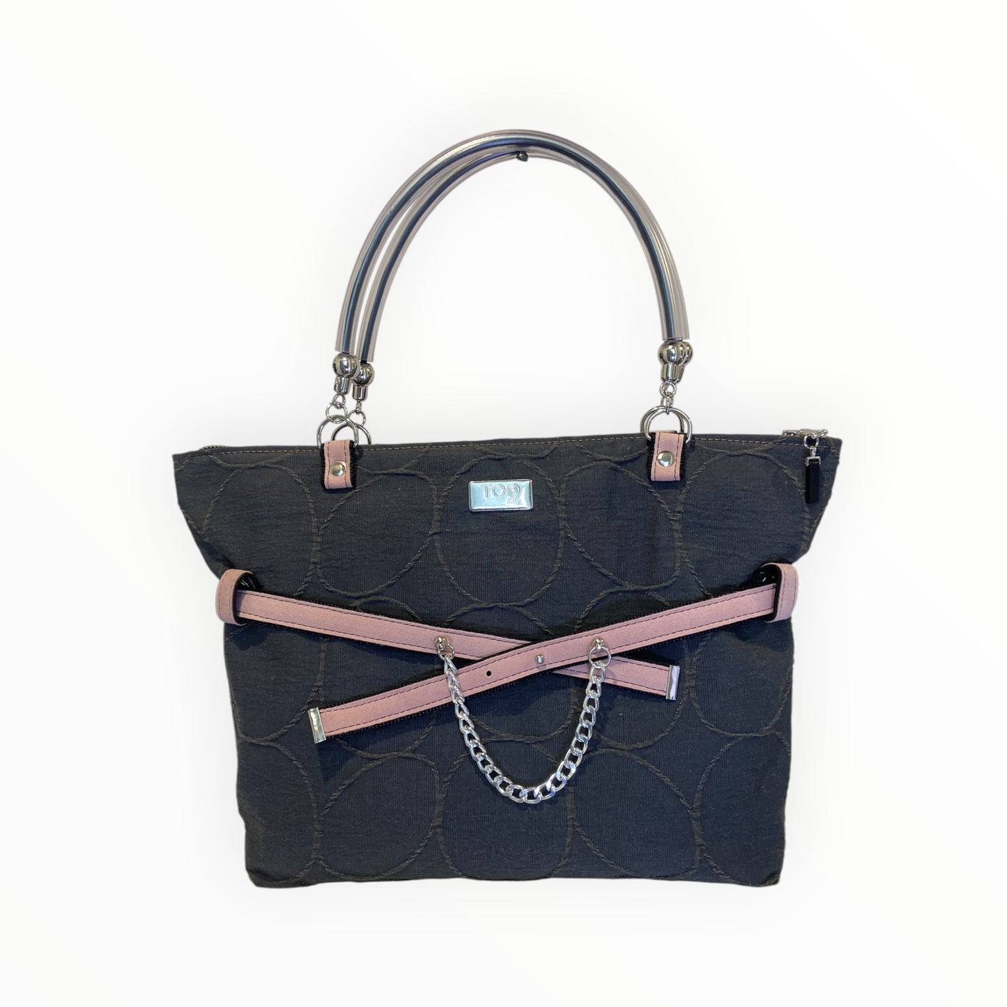 Borsa shopper donna a mano TOOitaly in tessuto da tappezzeria canna di fucile con manici rigidi e dettagli rosa

