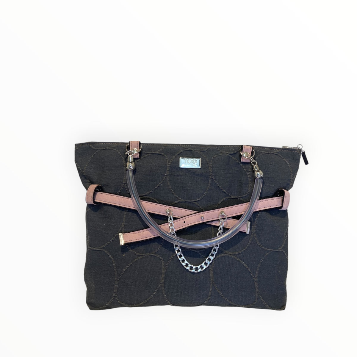 Shopper donna capiente TOOitaly a mano e tracolla in tessuto canna di fucile con finiture rosa e dettagli metallici