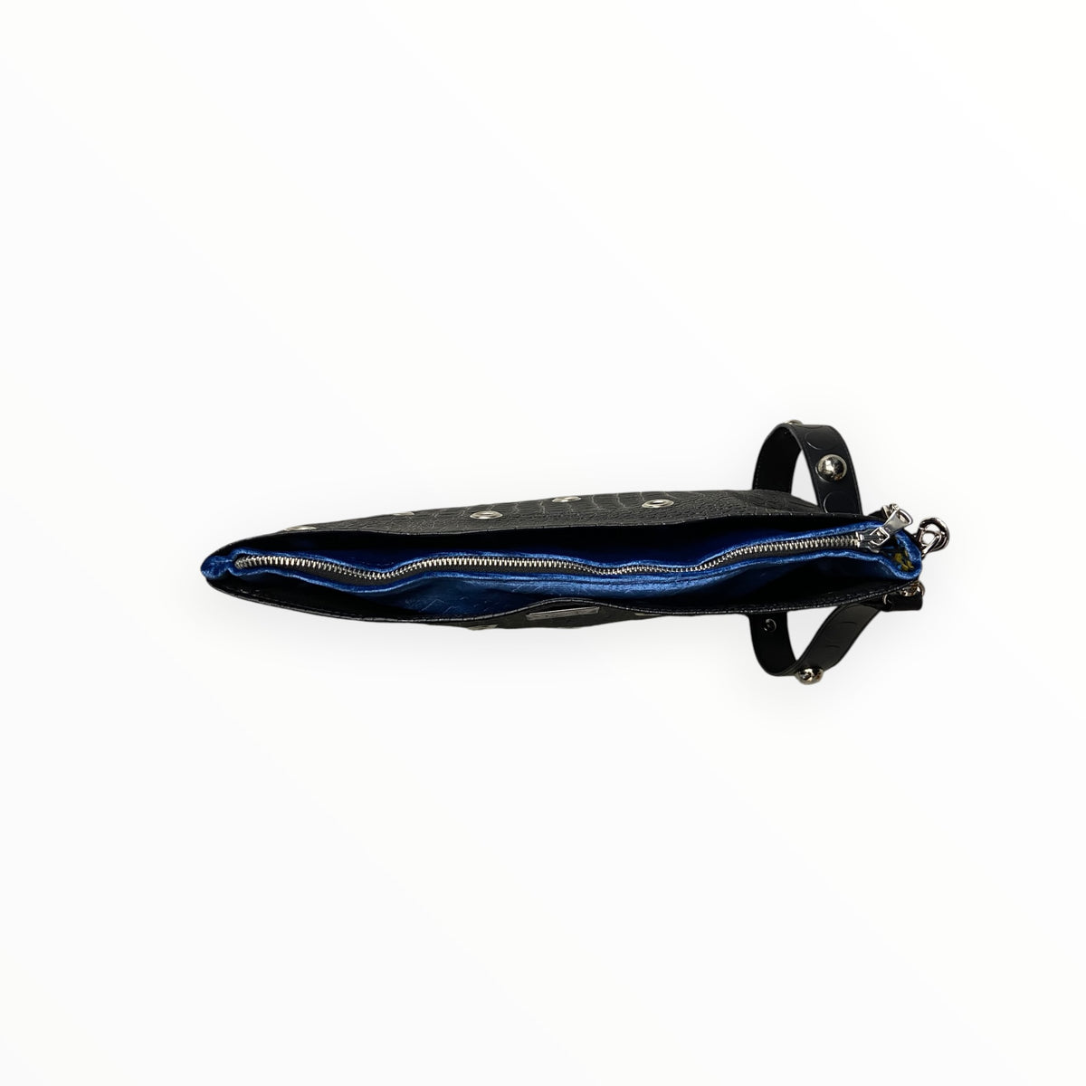 Pochette TOOitaly con interno in velluto blu elettrico e chiusura con zip