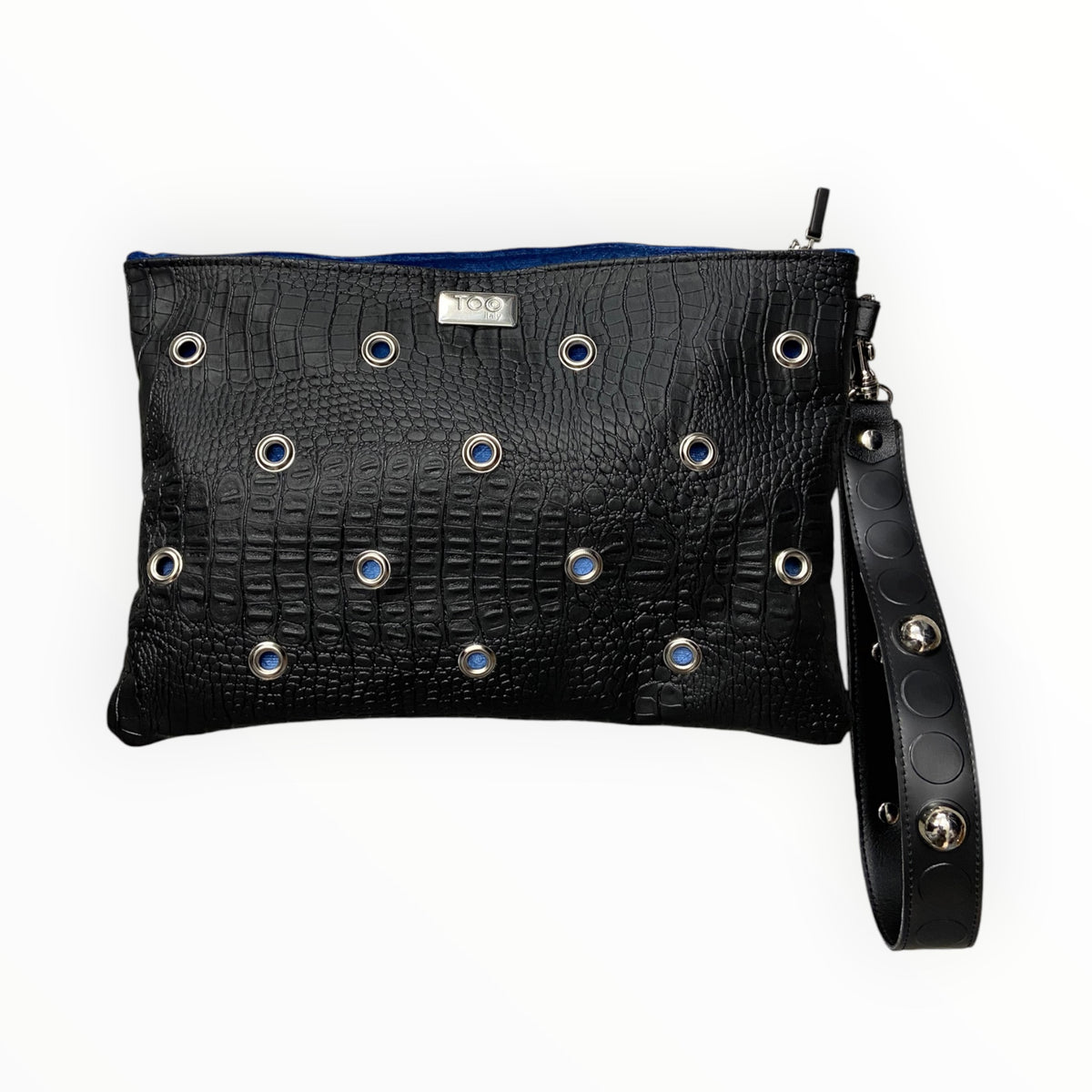 Pochette TOOitaly nera in pelle artificiale effetto coccodrillo con occhielli metallici