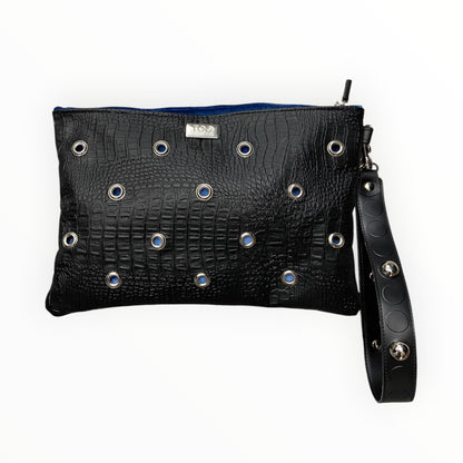 Pochette TOOitaly nera in pelle artificiale effetto coccodrillo con occhielli metallici
