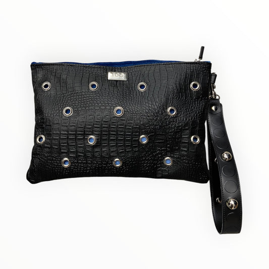 Pochette TOOitaly nera in pelle artificiale effetto coccodrillo con occhielli metallici