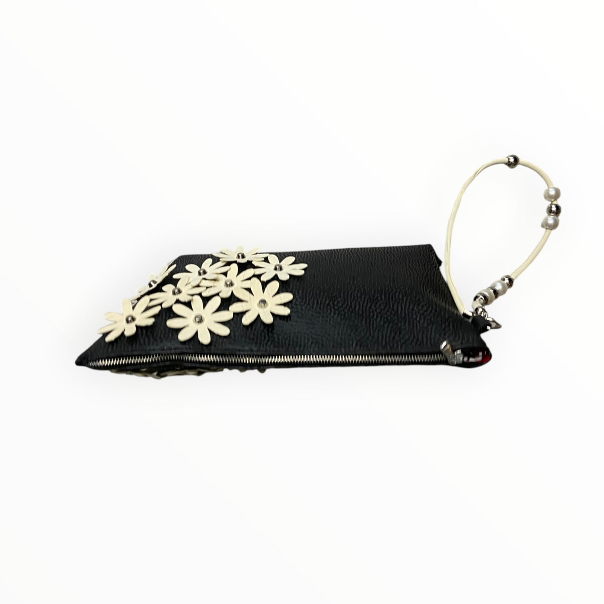 Pochette in pelle artificiale diamantata con decorazioni floreali in Alcantara