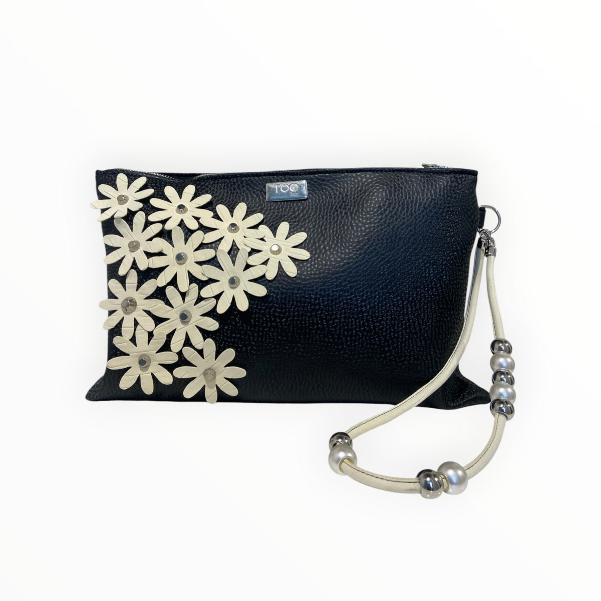 Pochette da polso nera in pelle artificiale diamantata con fiori in Alcantara