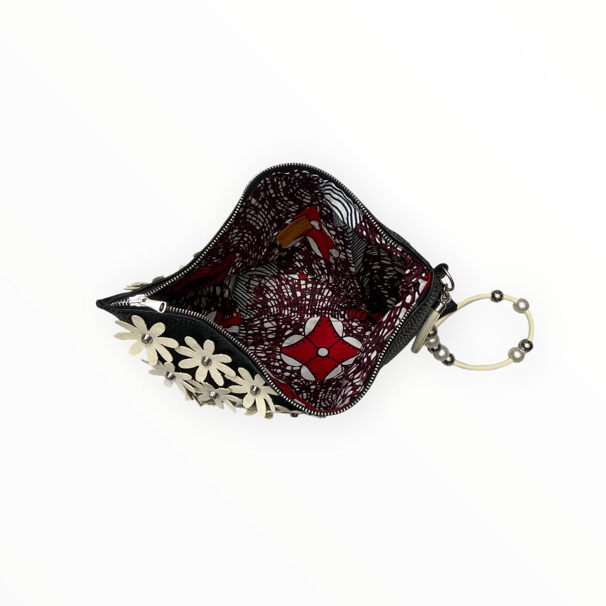 Interno pochette da polso con fodera in cotone originale africano e tasca
