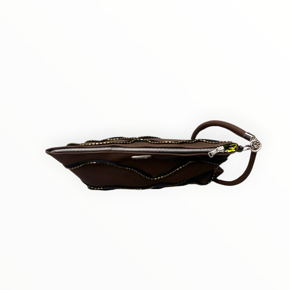  Dettaglio passamaneria con chicchi metallici bronzati della Pochette Maxi TOOitaly

