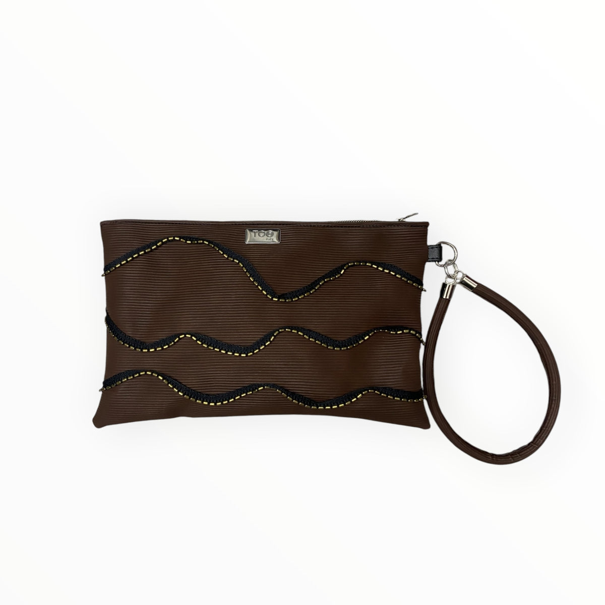 Pochette Maxi TOOitaly marrone in pelle artificiale rigatino con decorazione ondulata