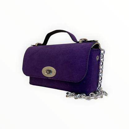 Mini borsa baguette viola in Alcantara con manico a mano