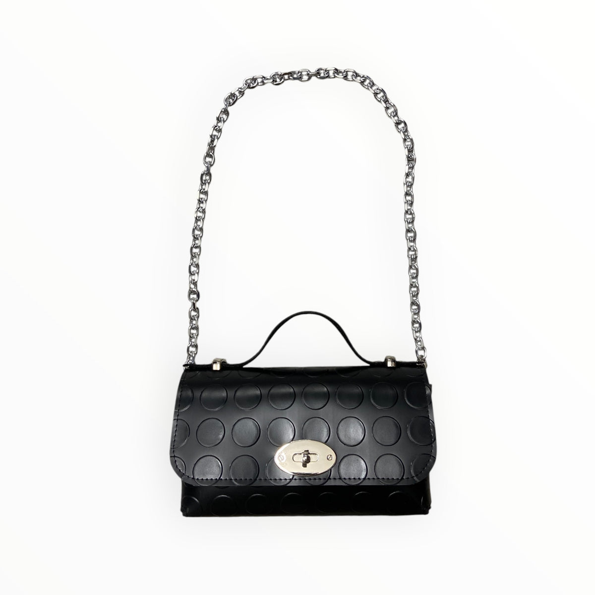 Borsa mini a mano e sotto spalla in PVC bullonato