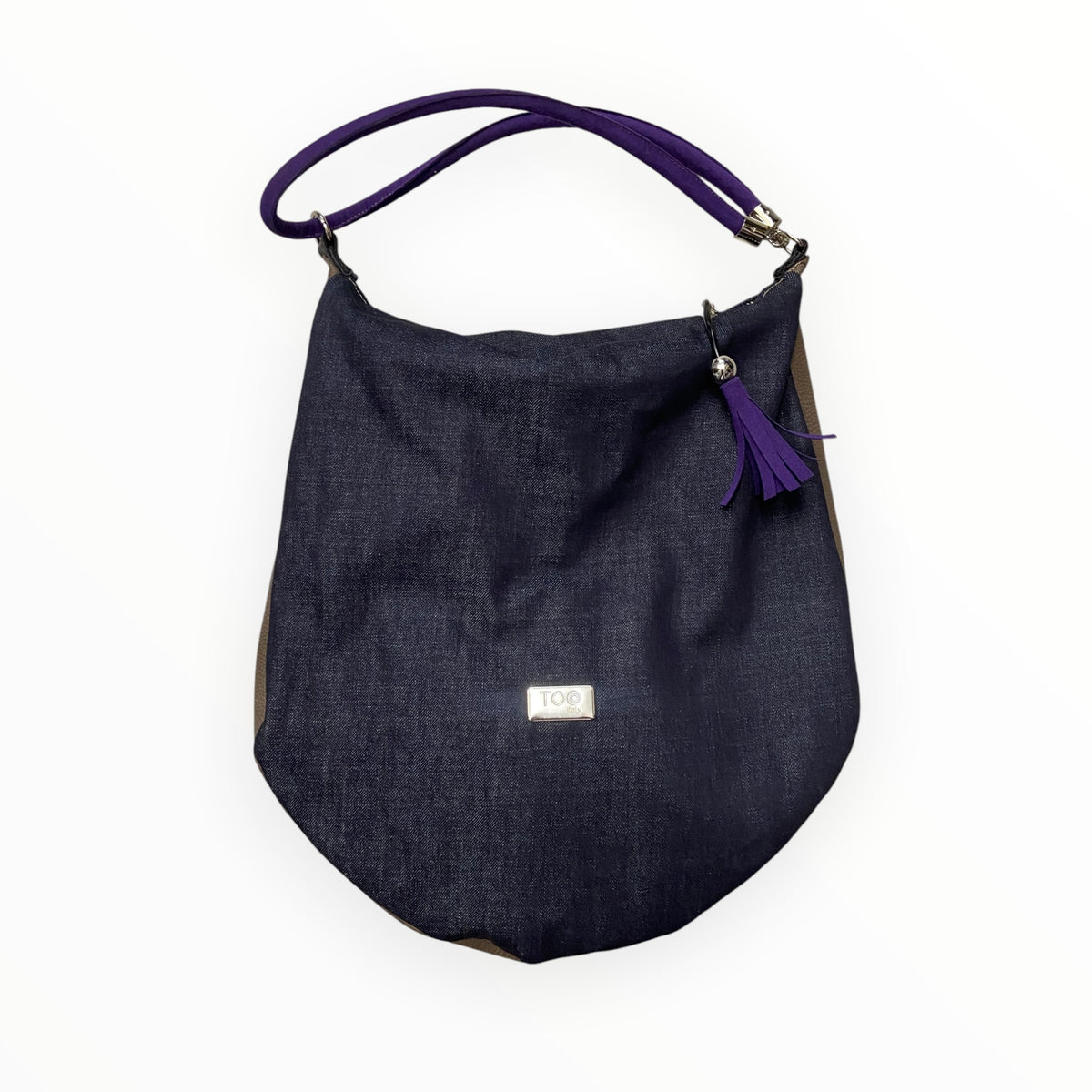 Borsa Hobo donna in jeans con inserti in pelle artificiale bronzo