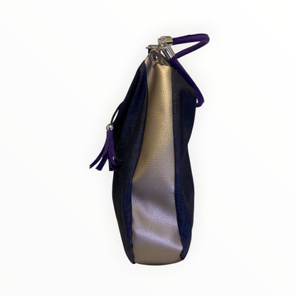 Borsa hobo in jeans e pelle bronzo con manico scorrevole