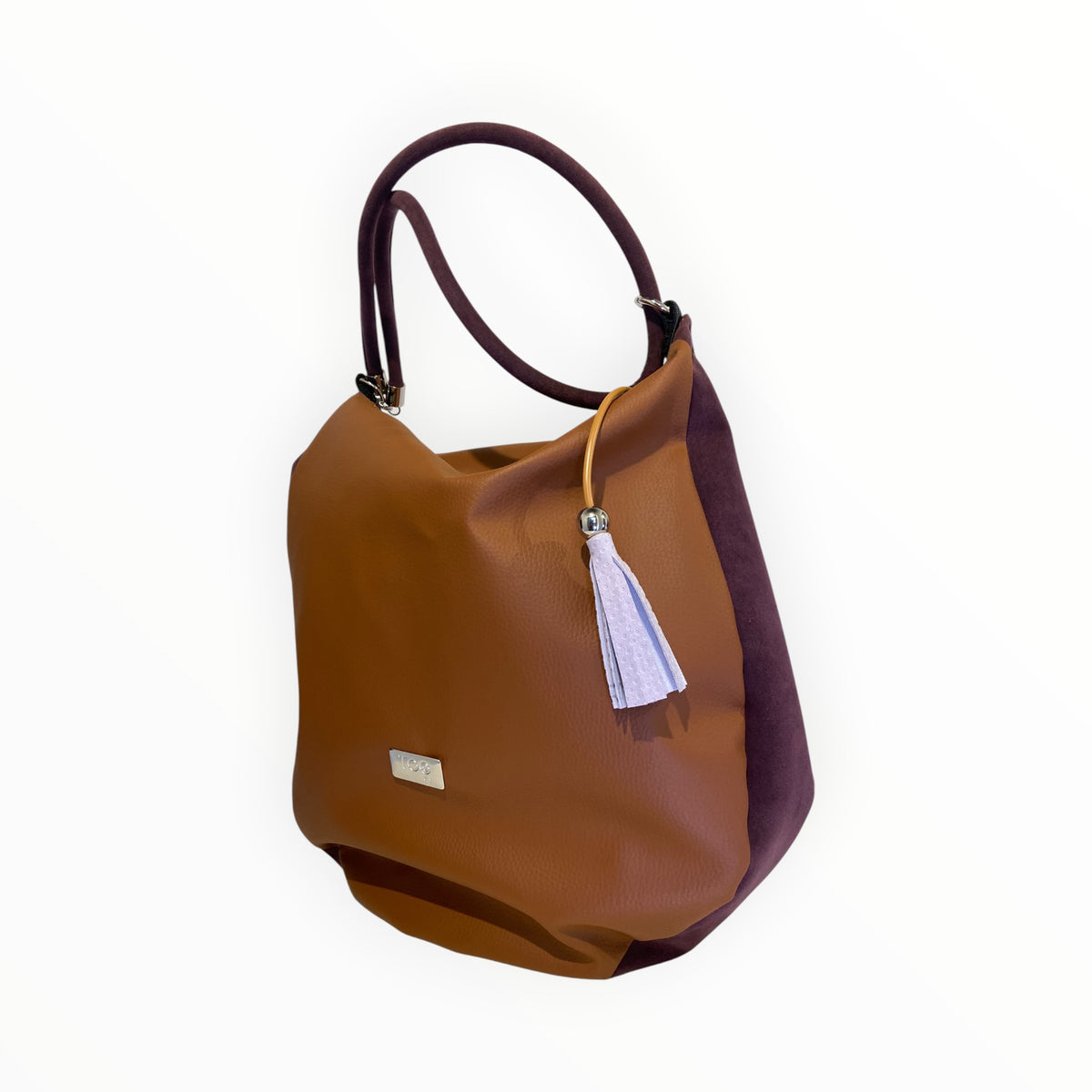 Borsa hobo in pelle artificiale cuoio con pannello laterale in Alcantara bordeaux